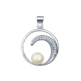 Charm Wave Pendant Pearl Simulated CZ Round 925 Sterling Silver (20mm)