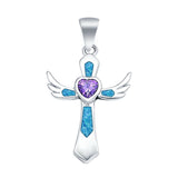 Lab Created Opal & Simulated Amethyst Wings 925 Sterling Silver Charm Pendant