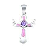 Lab Created Opal & Simulated Amethyst Wings 925 Sterling Silver Charm Pendant