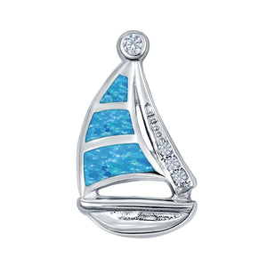 Boat Charm Pendant Lab Created Blue Opal 925 Sterling Silver