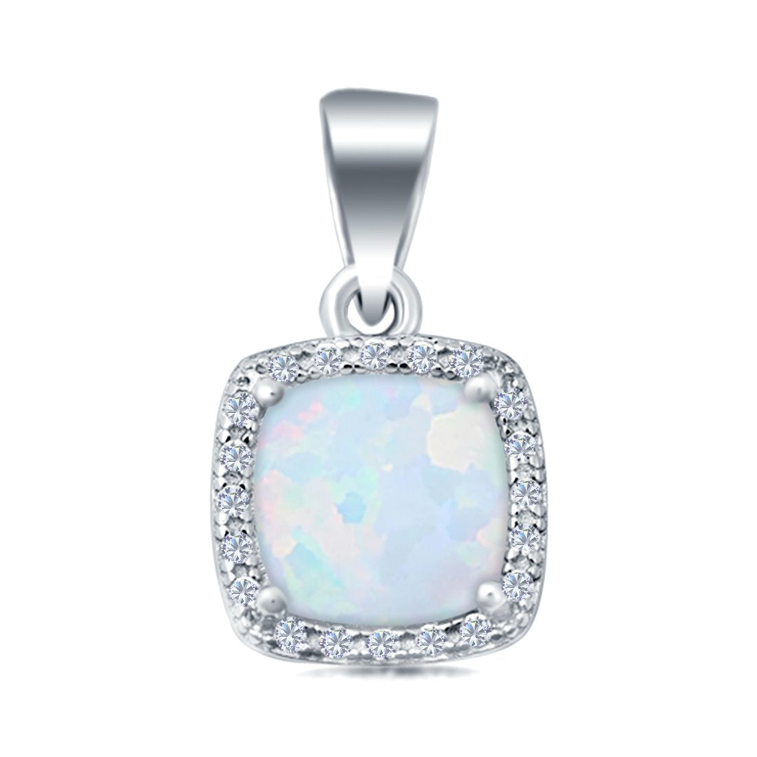 Halo Cushion Charm Pendant Lab Opal Simulated Stone 925 Sterling Silver