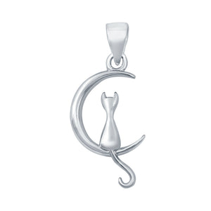 Sterling Silver Cat on Moon Pendant Charm 925 Sterling Silver