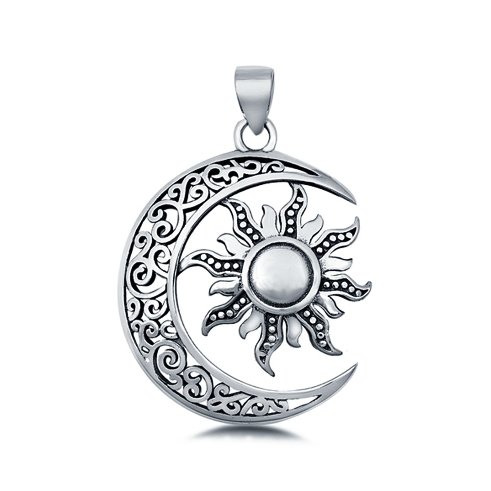 Silver Moon and Sun Pendant Charm 925 Sterling Silver (28mm)