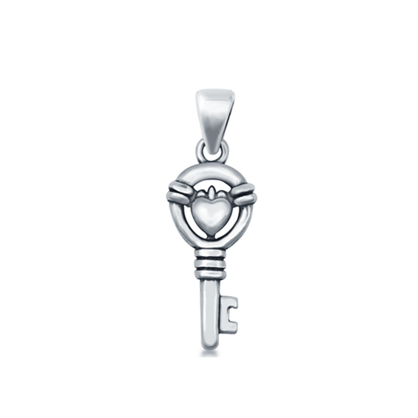 Heart & Key Pendant Charm Round 925 Sterling Silver