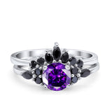 Two Piece Art Deco Wedding Vintage Black Marquise Round Simulated Cubic Zirconia 925 Sterling Silver