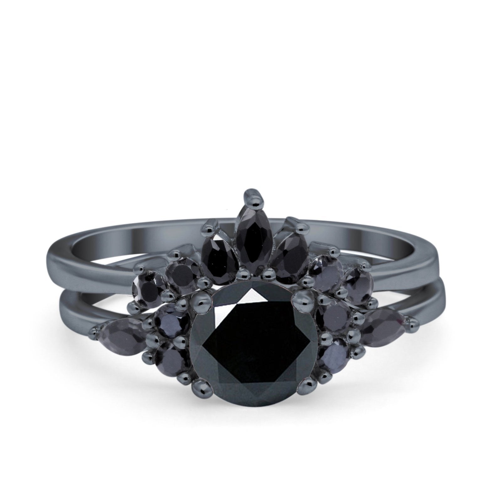 Two Piece Art Deco Wedding Vintage Black Marquise Round Simulated Cubic Zirconia 925 Sterling Silver