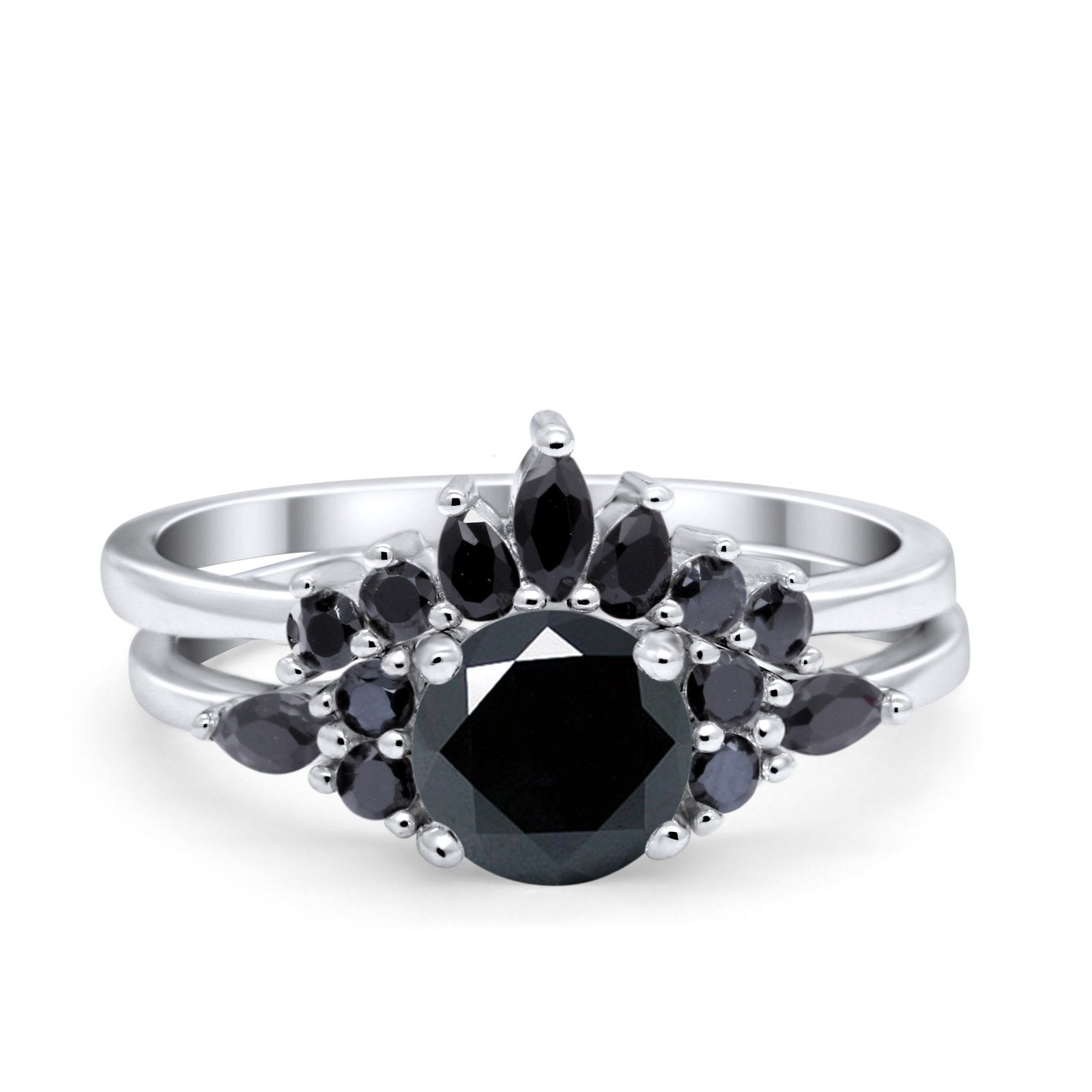 Two Piece Art Deco Wedding Vintage Black Marquise Round Simulated Cubic Zirconia 925 Sterling Silver