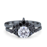 Two Piece Art Deco Wedding Vintage Black Marquise Round Simulated Cubic Zirconia 925 Sterling Silver