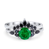 Two Piece Art Deco Wedding Vintage Black Marquise Round Simulated Cubic Zirconia 925 Sterling Silver