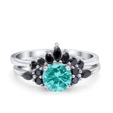 Two Piece Art Deco Wedding Vintage Black Marquise Round Simulated Cubic Zirconia 925 Sterling Silver