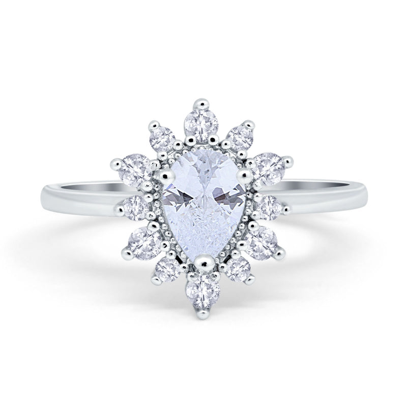 Halo Teardrop Engagement Ring Simulated Cubic Zirconia 925 Sterling Silver