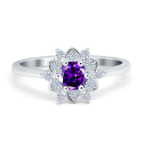 Halo Floral Engagement Ring Round Simulated Cubic Zirconia 925 Sterling Silver