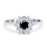 Halo Floral Engagement Ring Round Simulated Cubic Zirconia 925 Sterling Silver