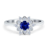 Halo Floral Engagement Ring Round Simulated Cubic Zirconia 925 Sterling Silver