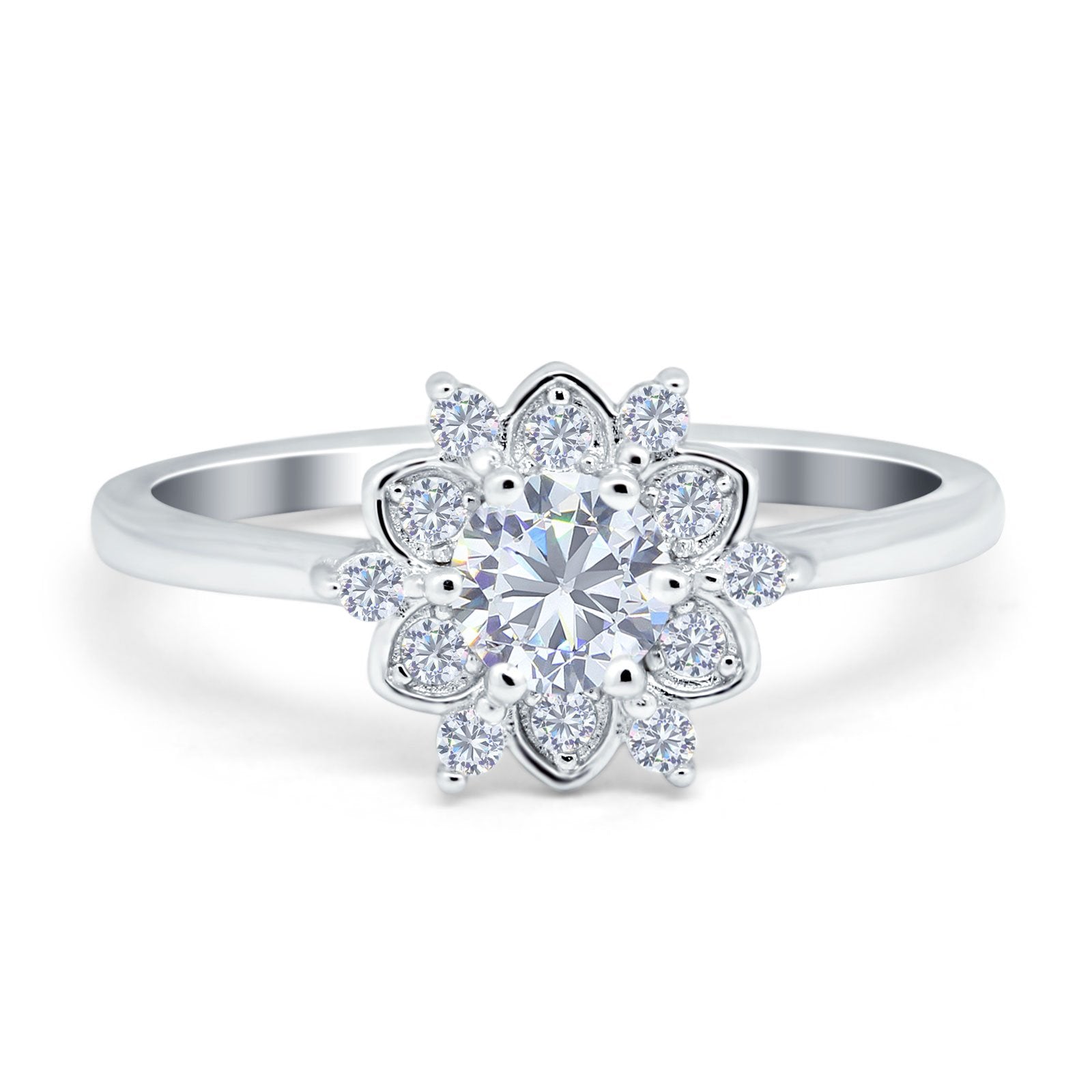 Halo Floral Engagement Ring Round Simulated Cubic Zirconia 925 Sterling Silver