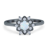 Halo Floral Engagement Ring Round Simulated Cubic Zirconia 925 Sterling Silver