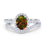 Oval Two Piece Halo Round Simulated Cubic Zirconia Ring 925 Sterling Silver