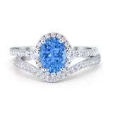 Oval Two Piece Halo Round Simulated Cubic Zirconia Ring 925 Sterling Silver