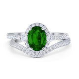 Oval Two Piece Halo Round Simulated Cubic Zirconia Ring 925 Sterling Silver