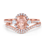 Oval Two Piece Halo Round Simulated Cubic Zirconia Ring 925 Sterling Silver