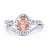 Oval Two Piece Halo Round Simulated Cubic Zirconia Ring 925 Sterling Silver