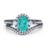 Oval Two Piece Halo Round Simulated Cubic Zirconia Ring 925 Sterling Silver