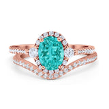 Oval Two Piece Halo Round Simulated Cubic Zirconia Ring 925 Sterling Silver