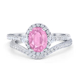 Oval Two Piece Halo Round Simulated Cubic Zirconia Ring 925 Sterling Silver