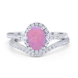 Oval Two Piece Halo Round Simulated Cubic Zirconia Ring 925 Sterling Silver