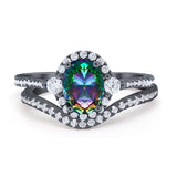 Oval Two Piece Halo Round Simulated Cubic Zirconia Ring 925 Sterling Silver