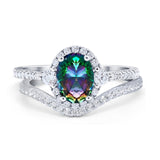 Oval Two Piece Halo Round Simulated Cubic Zirconia Ring 925 Sterling Silver