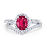 Oval Two Piece Halo Round Simulated Cubic Zirconia Ring 925 Sterling Silver