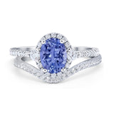 Oval Two Piece Halo Round Simulated Cubic Zirconia Ring 925 Sterling Silver
