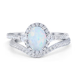 Oval Two Piece Halo Round Simulated Cubic Zirconia Ring 925 Sterling Silver