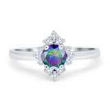 Art Deco Halo Engagement Ring Round Simulated Cubic Zirconia 925 Sterling Silver