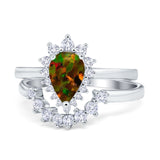 Teardrop Two Piece Art Deco Simulated CZ Wedding Ring 925 Sterling Silver