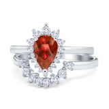 Teardrop Two Piece Art Deco Simulated CZ Wedding Ring 925 Sterling Silver