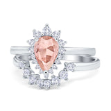 Teardrop Two Piece Art Deco Simulated CZ Wedding Ring 925 Sterling Silver