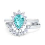 Teardrop Two Piece Art Deco Simulated CZ Wedding Ring 925 Sterling Silver