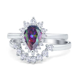 Teardrop Two Piece Art Deco Simulated CZ Wedding Ring 925 Sterling Silver