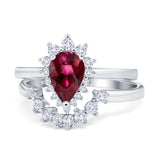 Teardrop Two Piece Art Deco Simulated CZ Wedding Ring 925 Sterling Silver