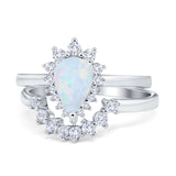 Teardrop Two Piece Art Deco Simulated CZ Wedding Ring 925 Sterling Silver