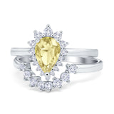 Teardrop Two Piece Art Deco Simulated CZ Wedding Ring 925 Sterling Silver