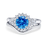 Two Piece Halo Engagement Ring Round Simulated Cubic Zirconia 925 Sterling Silver