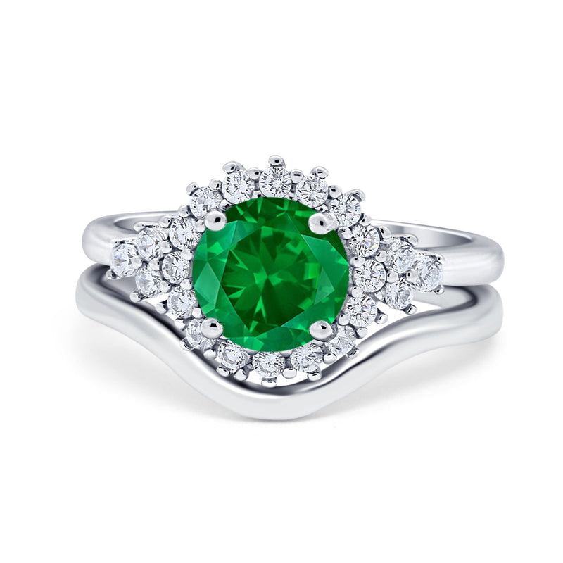 Two Piece Halo Engagement Ring Round Simulated Cubic Zirconia 925 Sterling Silver
