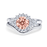 Two Piece Halo Engagement Ring Round Simulated Cubic Zirconia 925 Sterling Silver