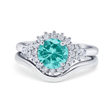Two Piece Halo Engagement Ring Round Simulated Cubic Zirconia 925 Sterling Silver