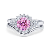Two Piece Halo Engagement Ring Round Simulated Cubic Zirconia 925 Sterling Silver