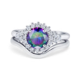 Two Piece Halo Engagement Ring Round Simulated Cubic Zirconia 925 Sterling Silver