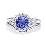 Two Piece Halo Engagement Ring Round Simulated Cubic Zirconia 925 Sterling Silver